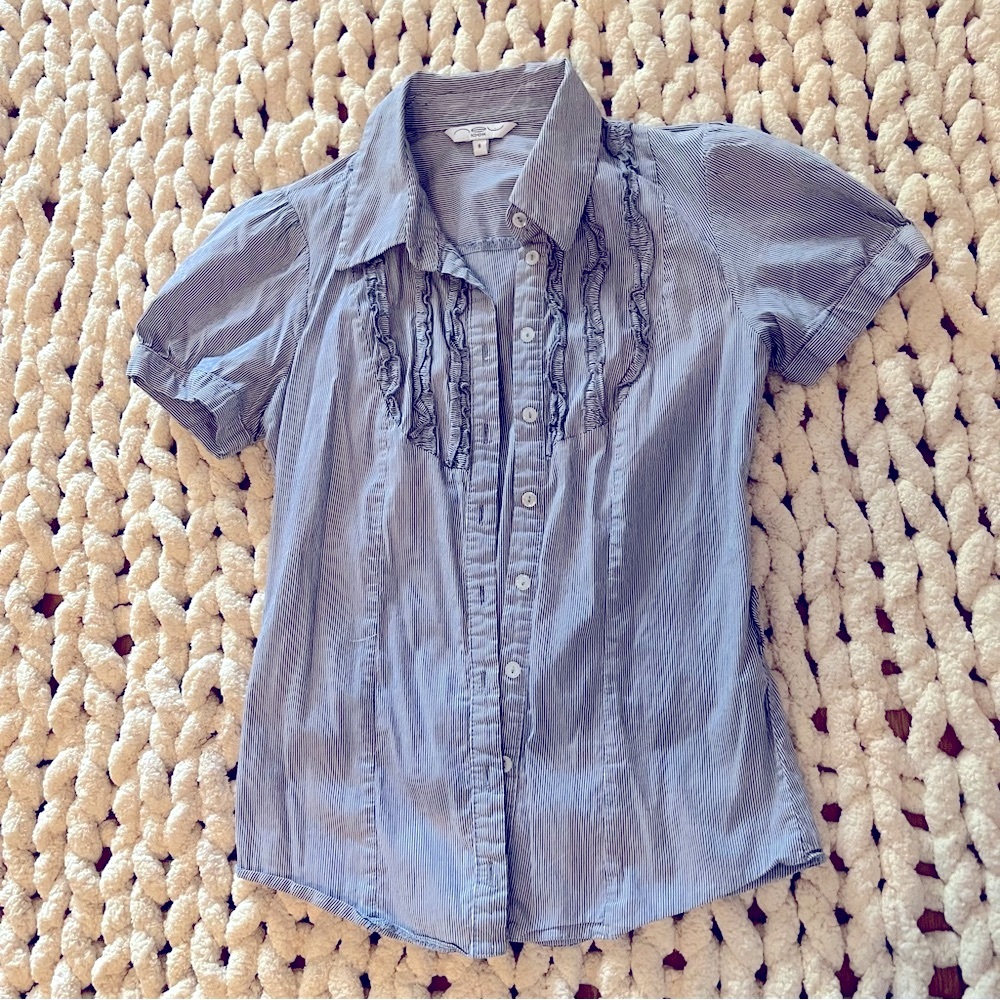 New Look Blue Button-Down Shirt with Ruffle Detail